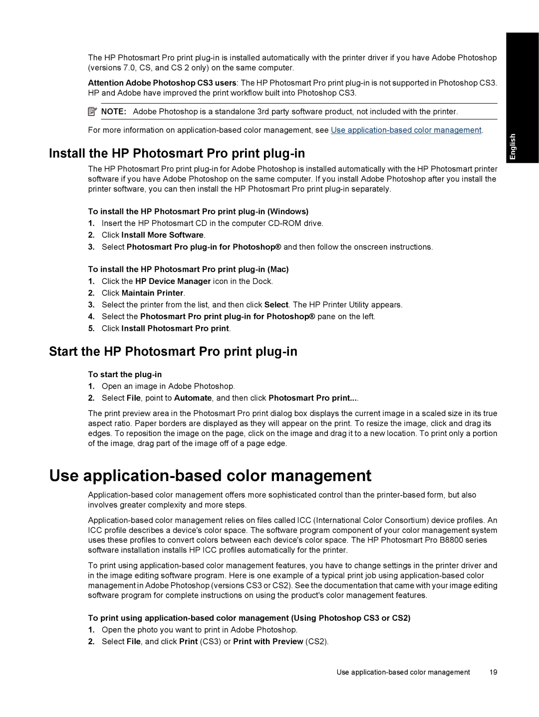 HP Pro B8800 manual Use application-based color management, Install the HP Photosmart Pro print plug-in 