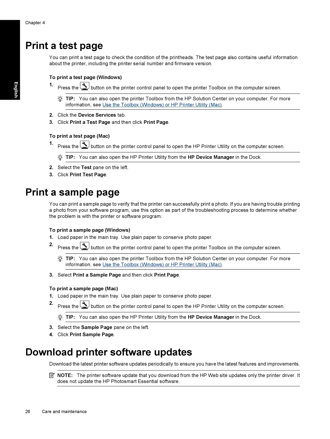 HP Pro B8800 manual Print a test, Print a sample, Download printer software updates 