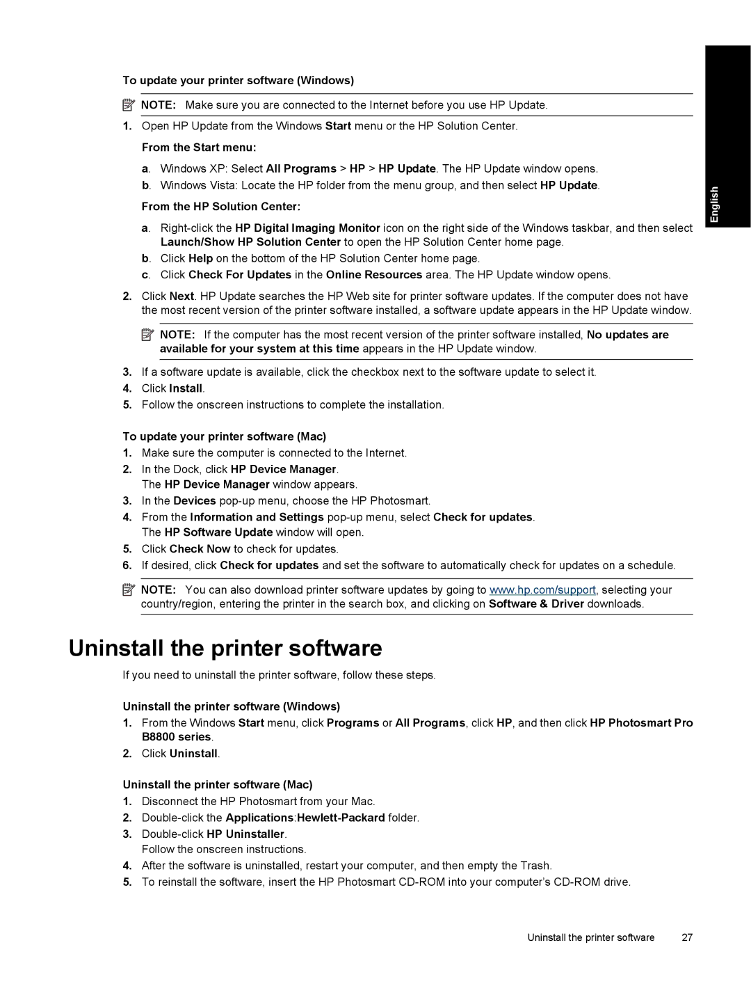 HP Pro B8800 manual Uninstall the printer software 