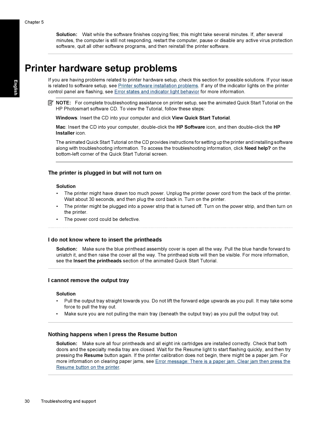 HP Pro B8800 Printer hardware setup problems, Printer is plugged in but will not turn on, Cannot remove the output tray 