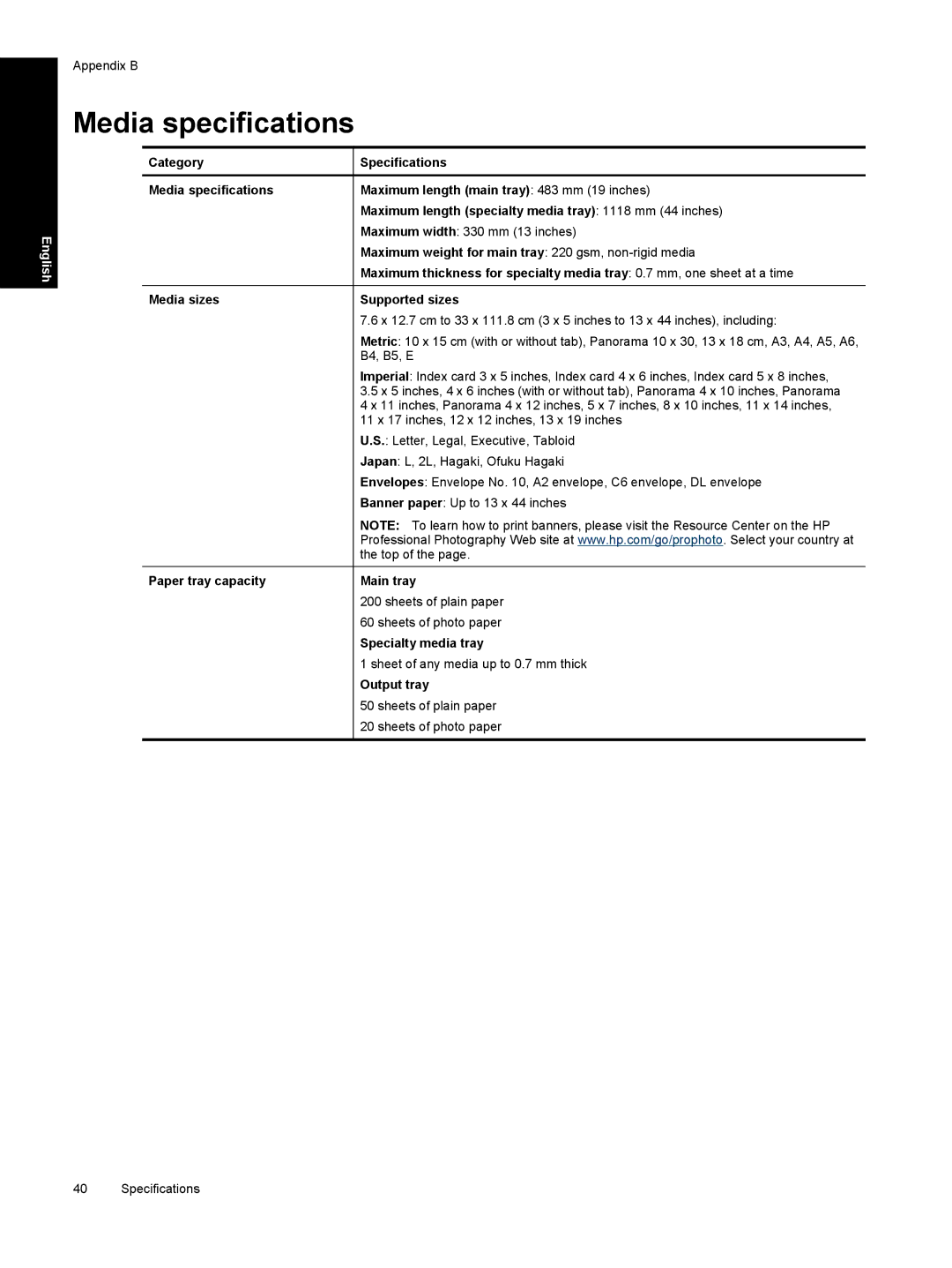 HP Pro B8800 manual Media specifications, Output tray 