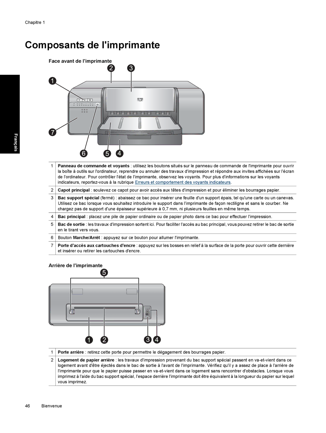 HP Pro B8800 manual Composants de limprimante, Face avant de limprimante, Arrière de limprimante 