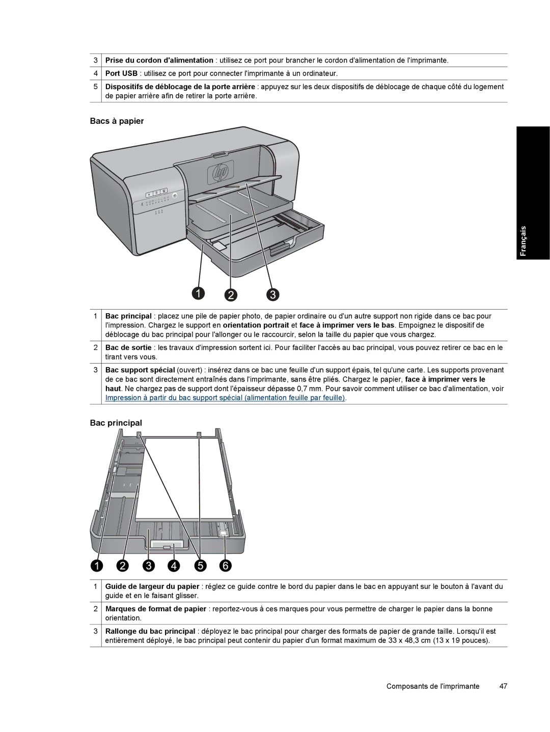 HP Pro B8800 manual Bacs à papier, Bac principal 