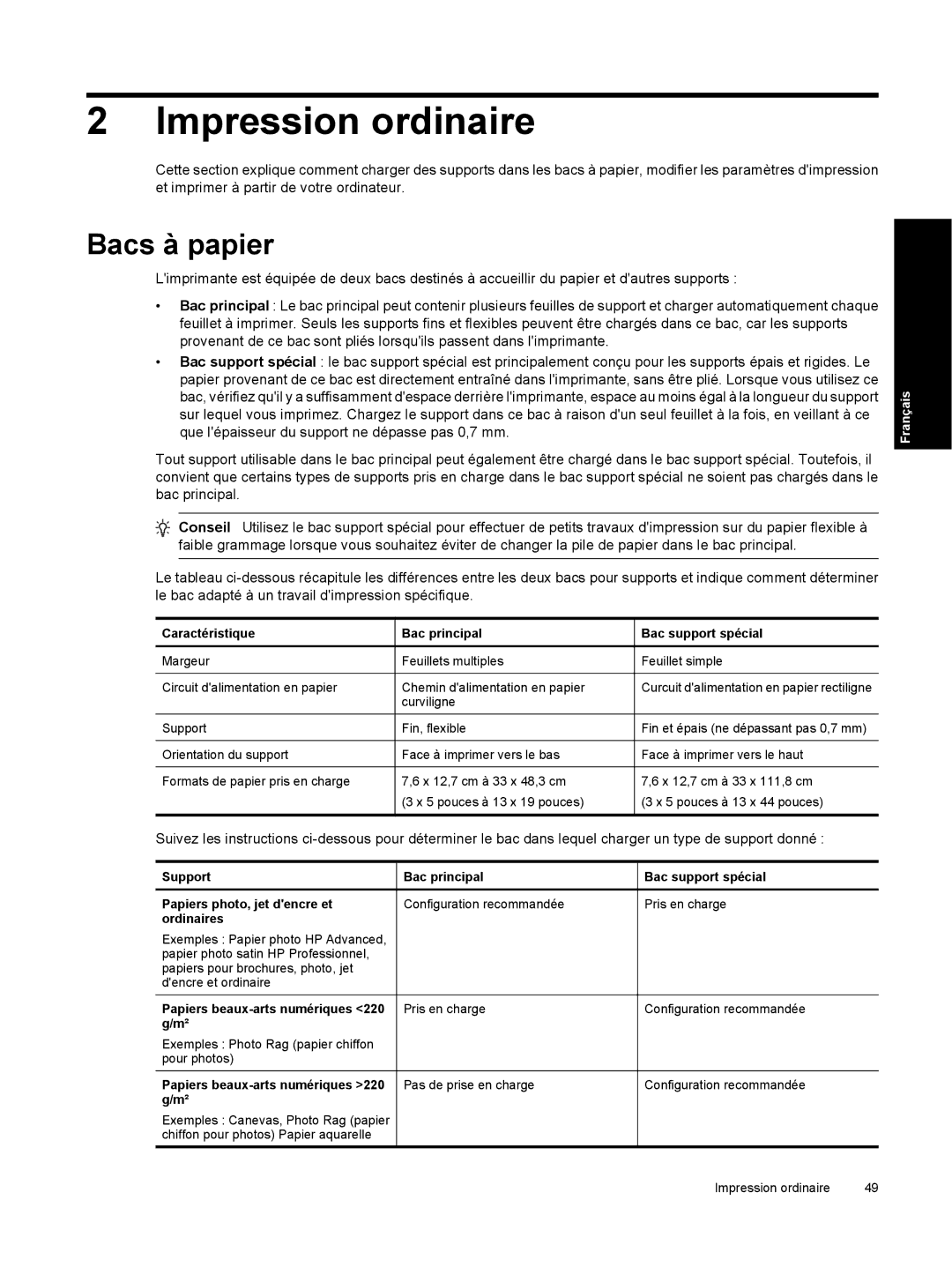 HP Pro B8800 manual Impression ordinaire, Bacs à papier, Caractéristique Bac principal Bac support spécial, Ordinaires 