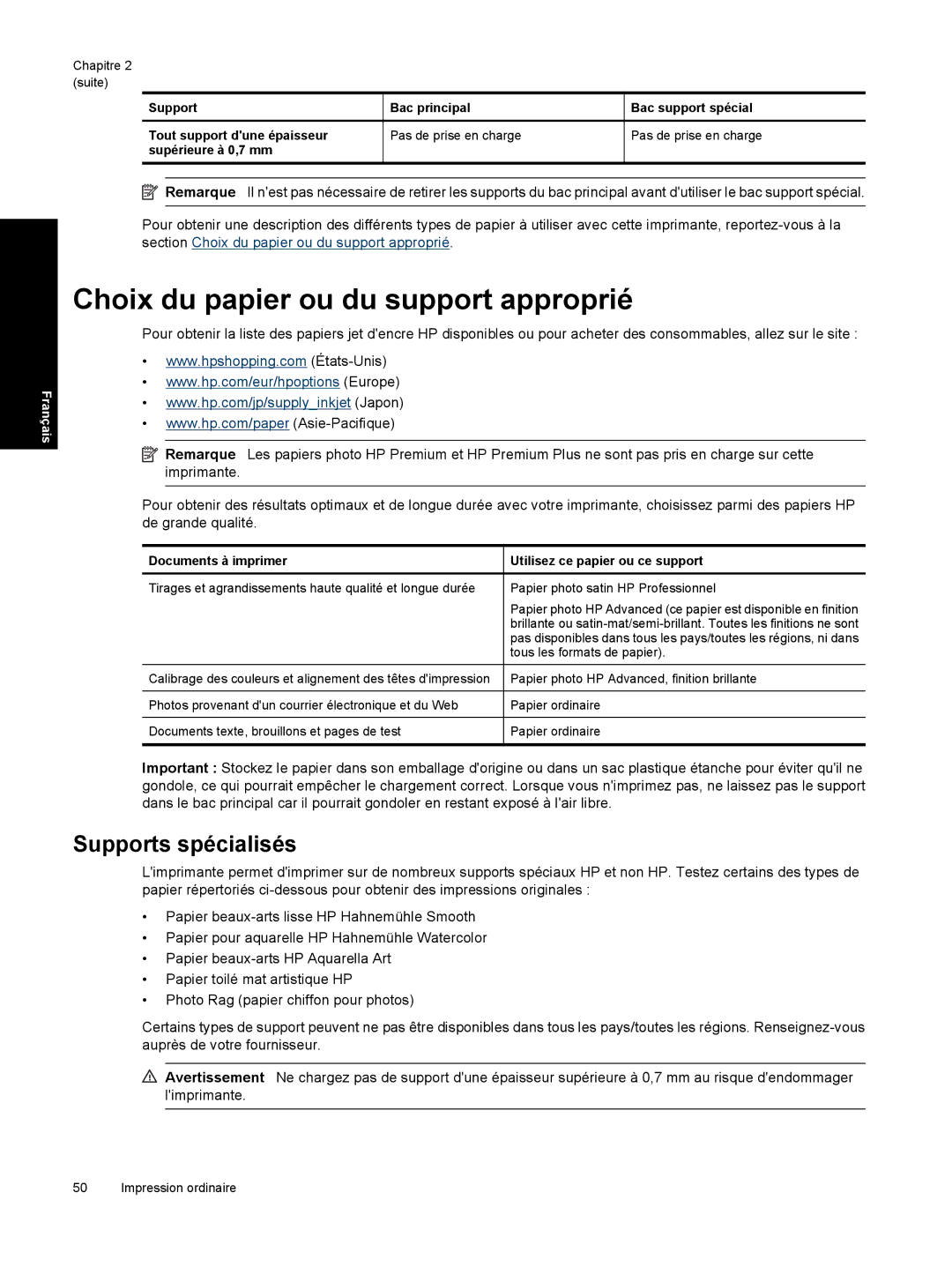 HP Pro B8800 manual Choix du papier ou du support approprié, Supports spécialisés, Documents à imprimer 