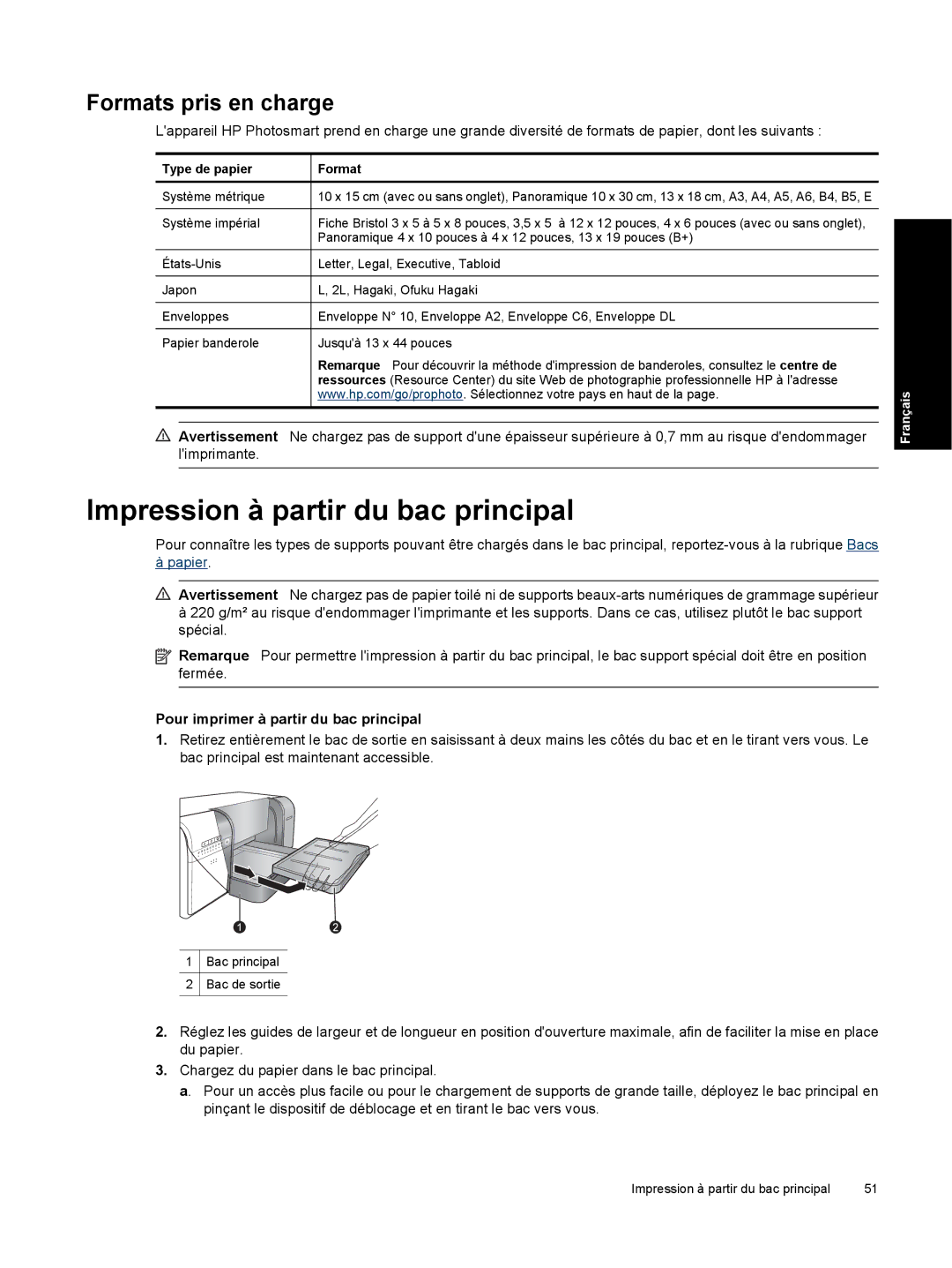 HP Pro B8800 manual Impression à partir du bac principal, Formats pris en charge, Pour imprimer à partir du bac principal 