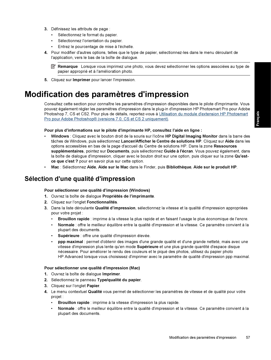 HP Pro B8800 manual Modification des paramètres dimpression, Sélection dune qualité dimpression 