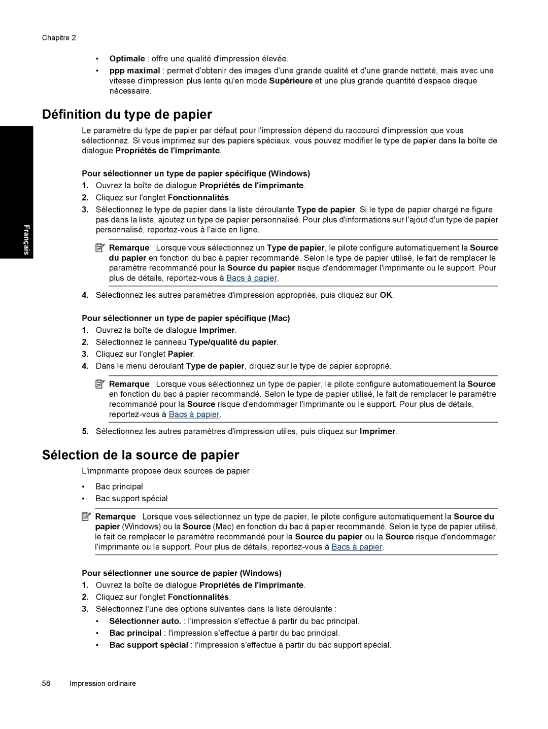 HP Pro B8800 manual Définition du type de papier, Sélection de la source de papier 