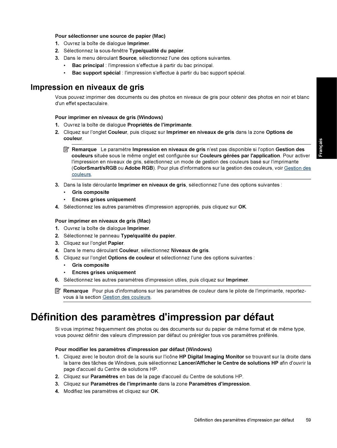 HP Pro B8800 manual Définition des paramètres dimpression par défaut, Impression en niveaux de gris 