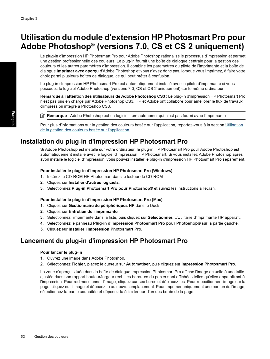 HP Pro B8800 Installation du plug-in dimpression HP Photosmart Pro, Lancement du plug-in dimpression HP Photosmart Pro 