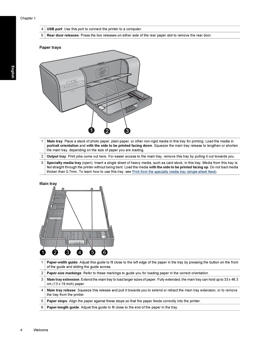 HP Pro B8800 manual Paper trays, Main tray 