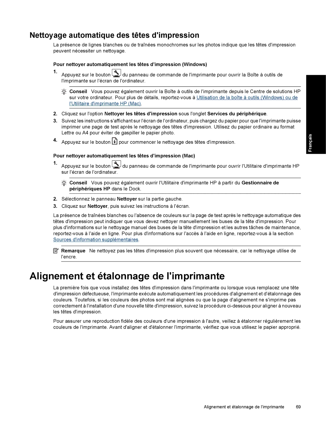 HP Pro B8800 manual Alignement et étalonnage de limprimante, Nettoyage automatique des têtes dimpression 