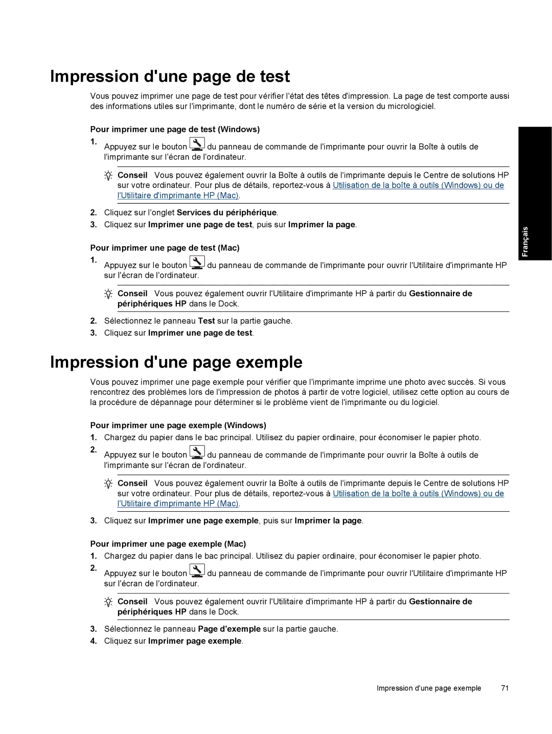 HP Pro B8800 manual Impression dune page de test, Impression dune page exemple 