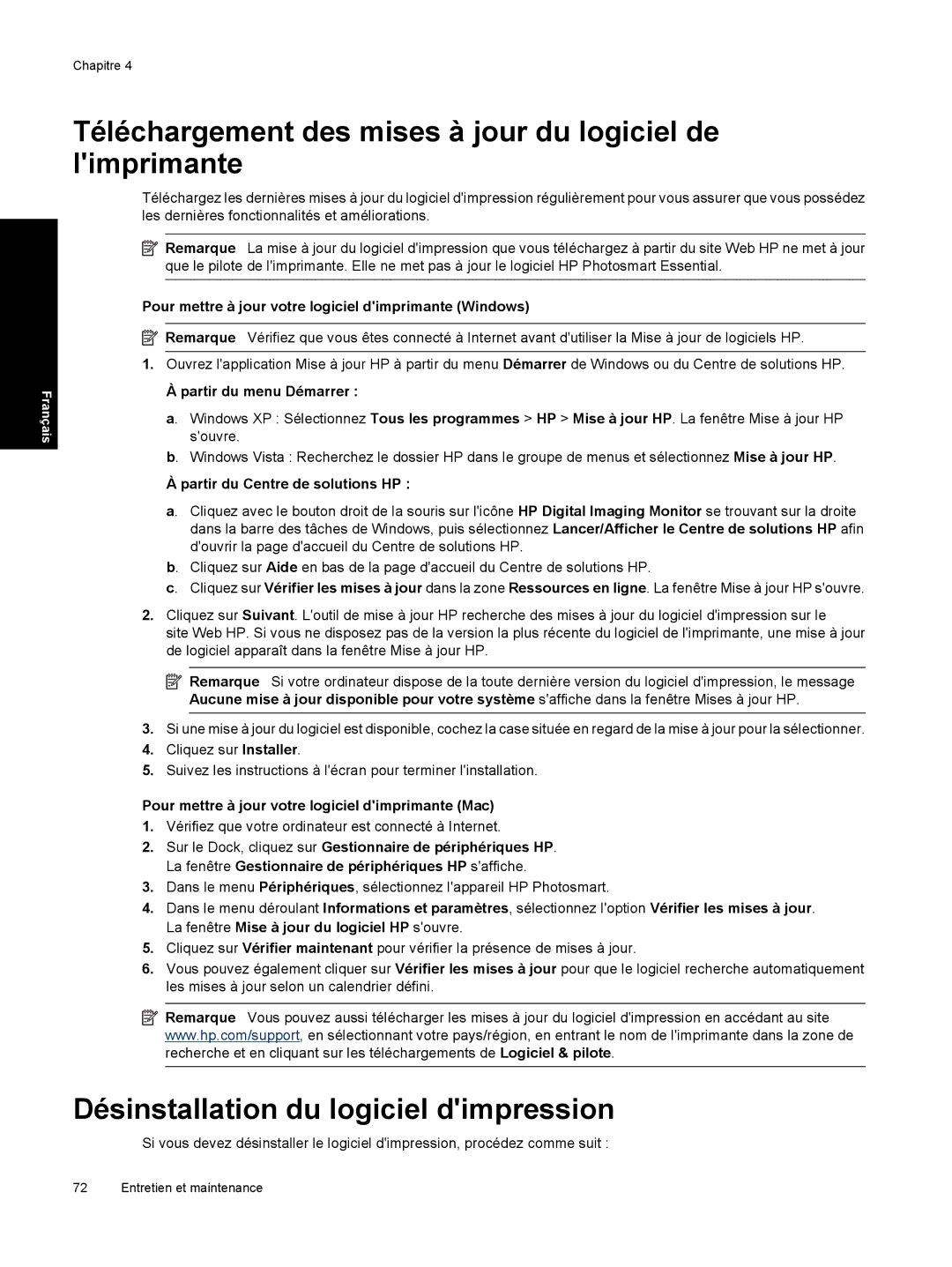 HP Pro B8800 manual Téléchargement des mises à jour du logiciel de limprimante, Désinstallation du logiciel dimpression 