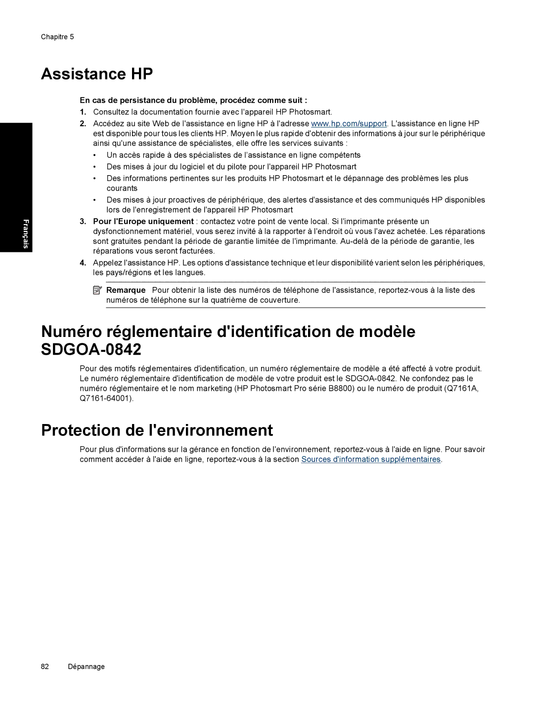 HP Pro B8800 manual Assistance HP, Numéro réglementaire didentification de modèle SDGOA-0842, Protection de lenvironnement 