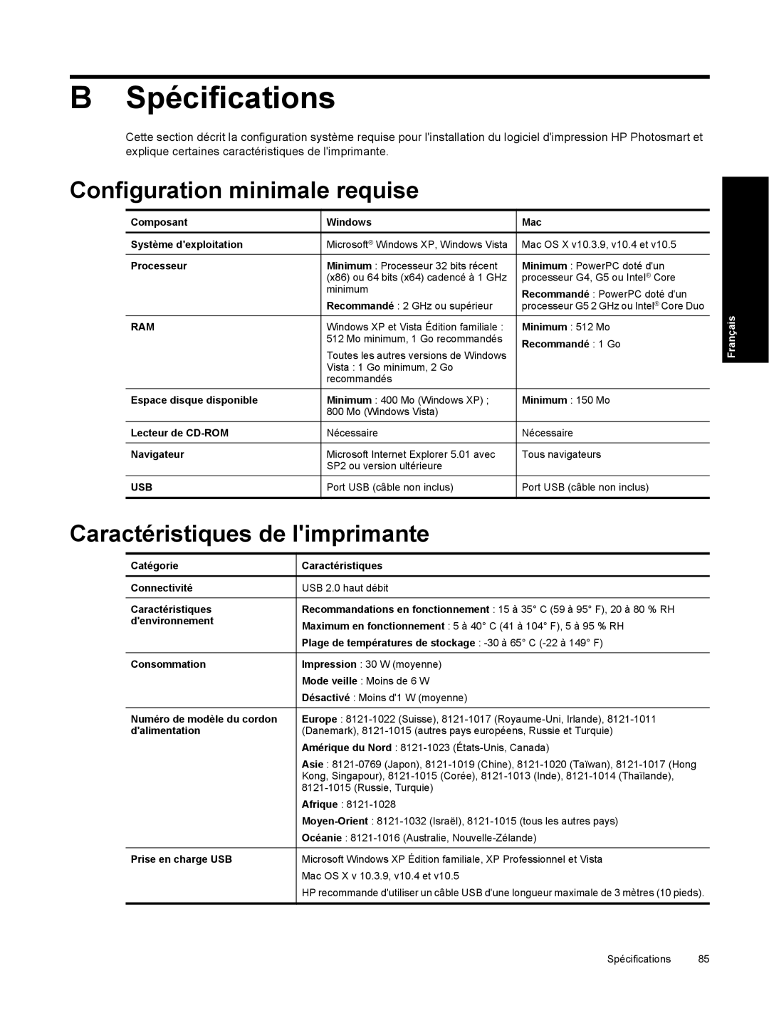 HP Pro B8800 manual Spécifications, Configuration minimale requise, Caractéristiques de limprimante 