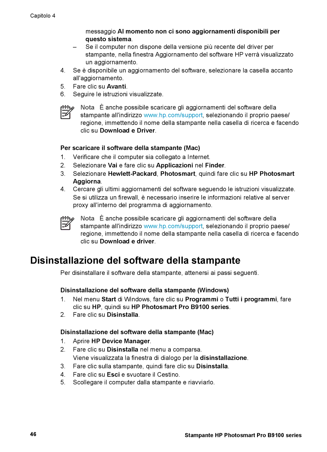 HP Pro B9100 SNPRB-0504 manual Disinstallazione del software della stampante, Per scaricare il software della stampante Mac 