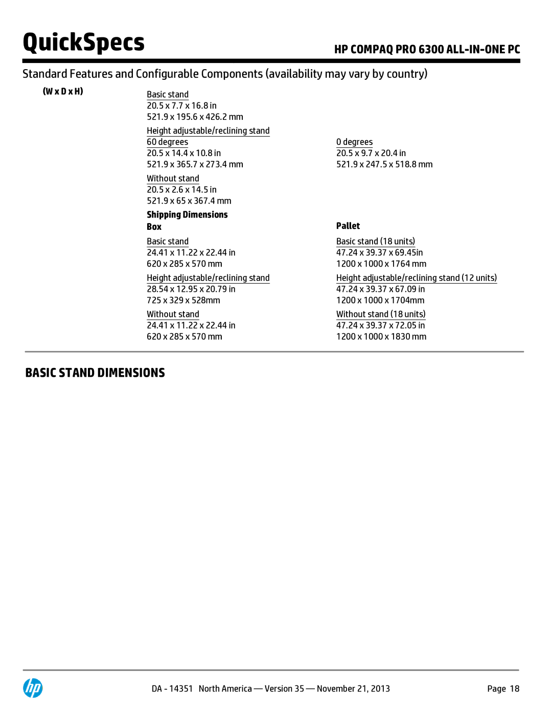 HP Pro B9C31AW#ABA manual Basic Stand Dimensions, D x H, Shipping Dimensions Box Pallet 