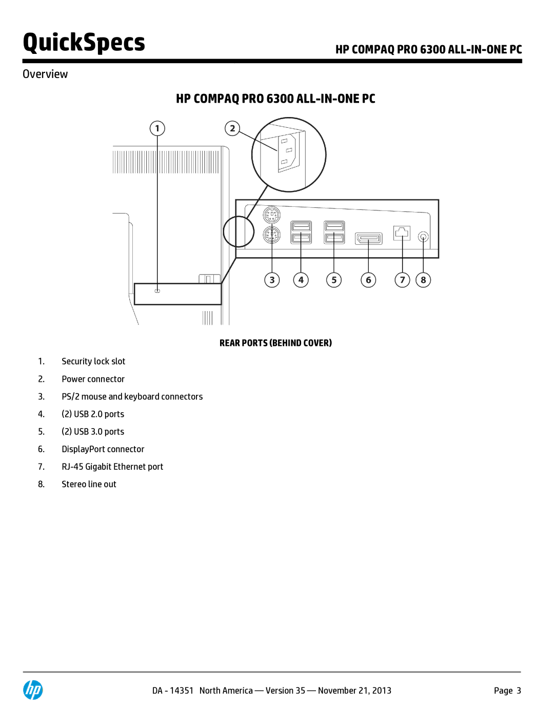 HP Pro B9C31AW#ABA manual Rear Ports Behind Cover 