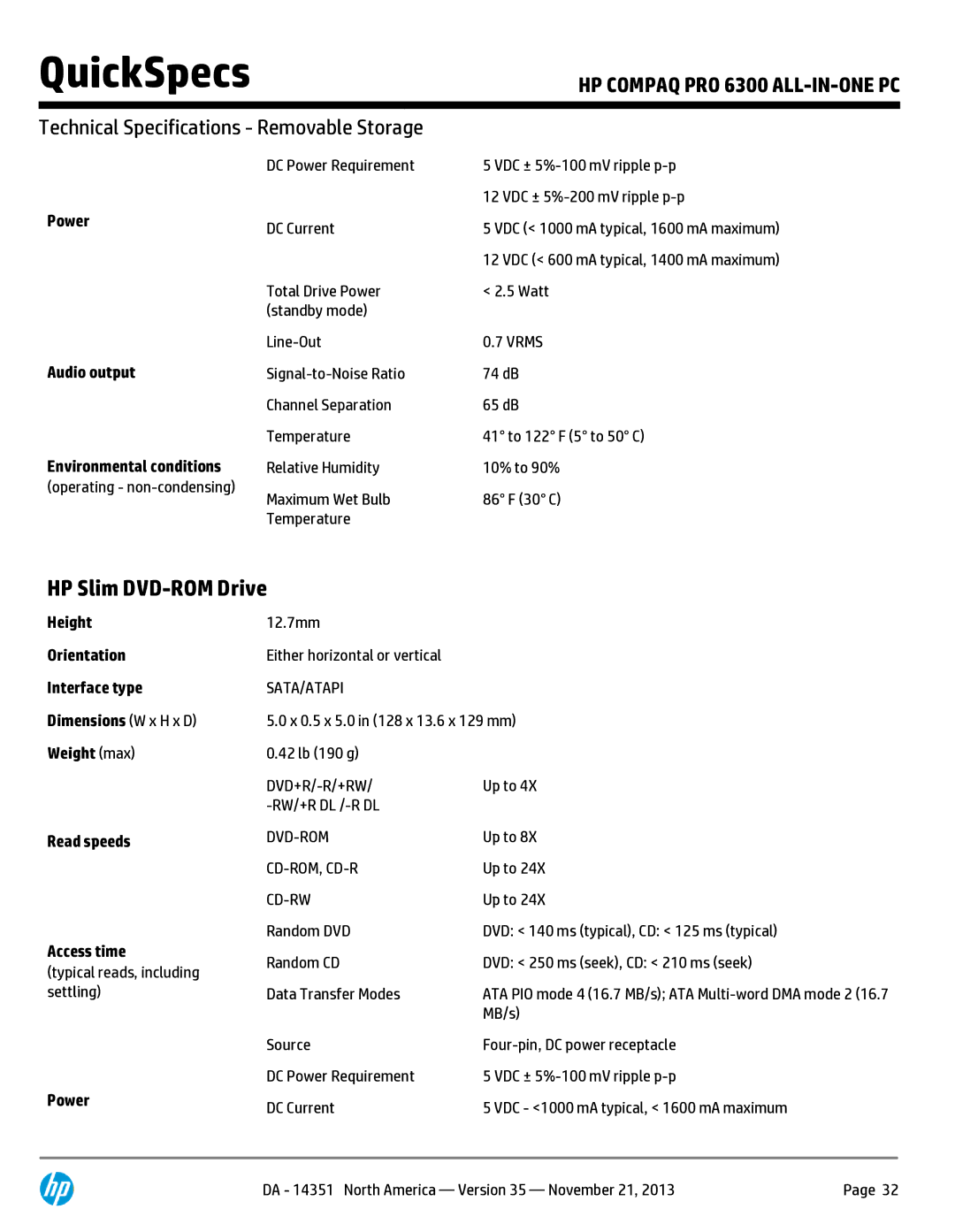 HP Pro B9C31AW#ABA manual HP Slim DVD-ROM Drive, Audio output, Environmental conditions, Dvd-Rom Cd-Rom, Cd-R Cd-Rw 