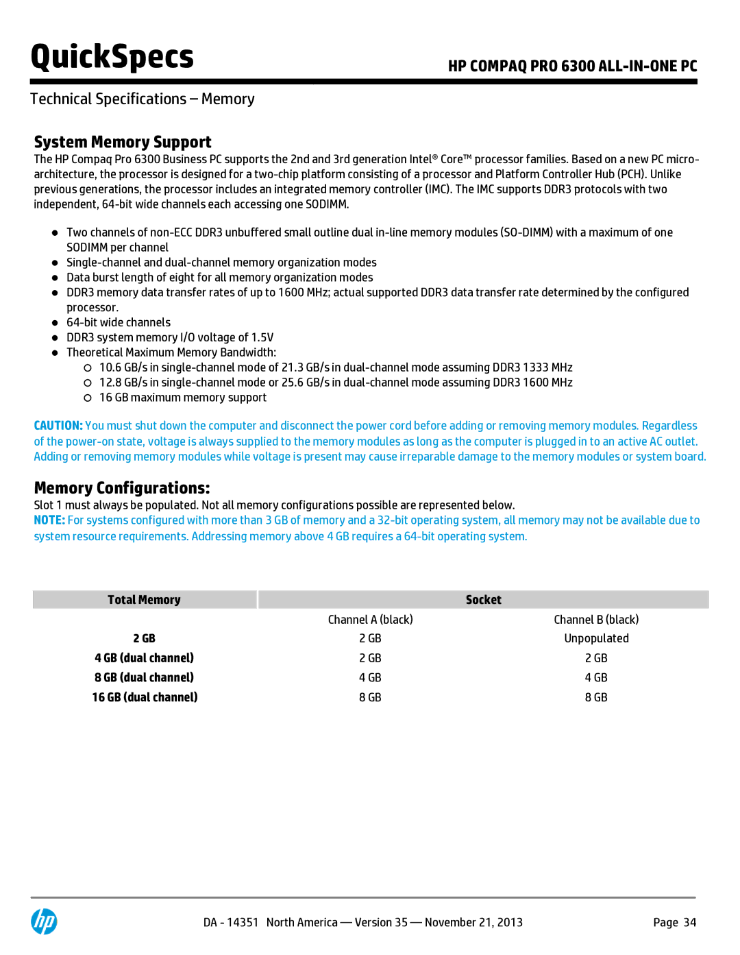 HP Pro B9C31AW#ABA manual System Memory Support, Memory Configurations, Total Memory GB dual channel Socket 