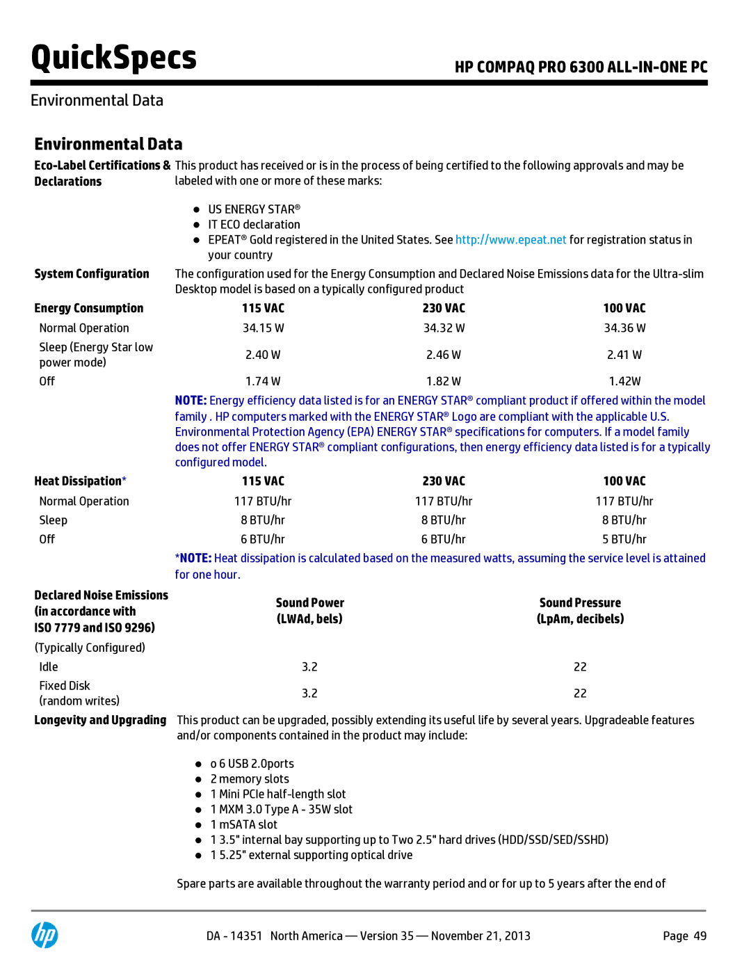 HP Pro B9C31AW#ABA manual Environmental Data, Declarations, Energy Consumption, Heat Dissipation, ISO 7779 and ISO 