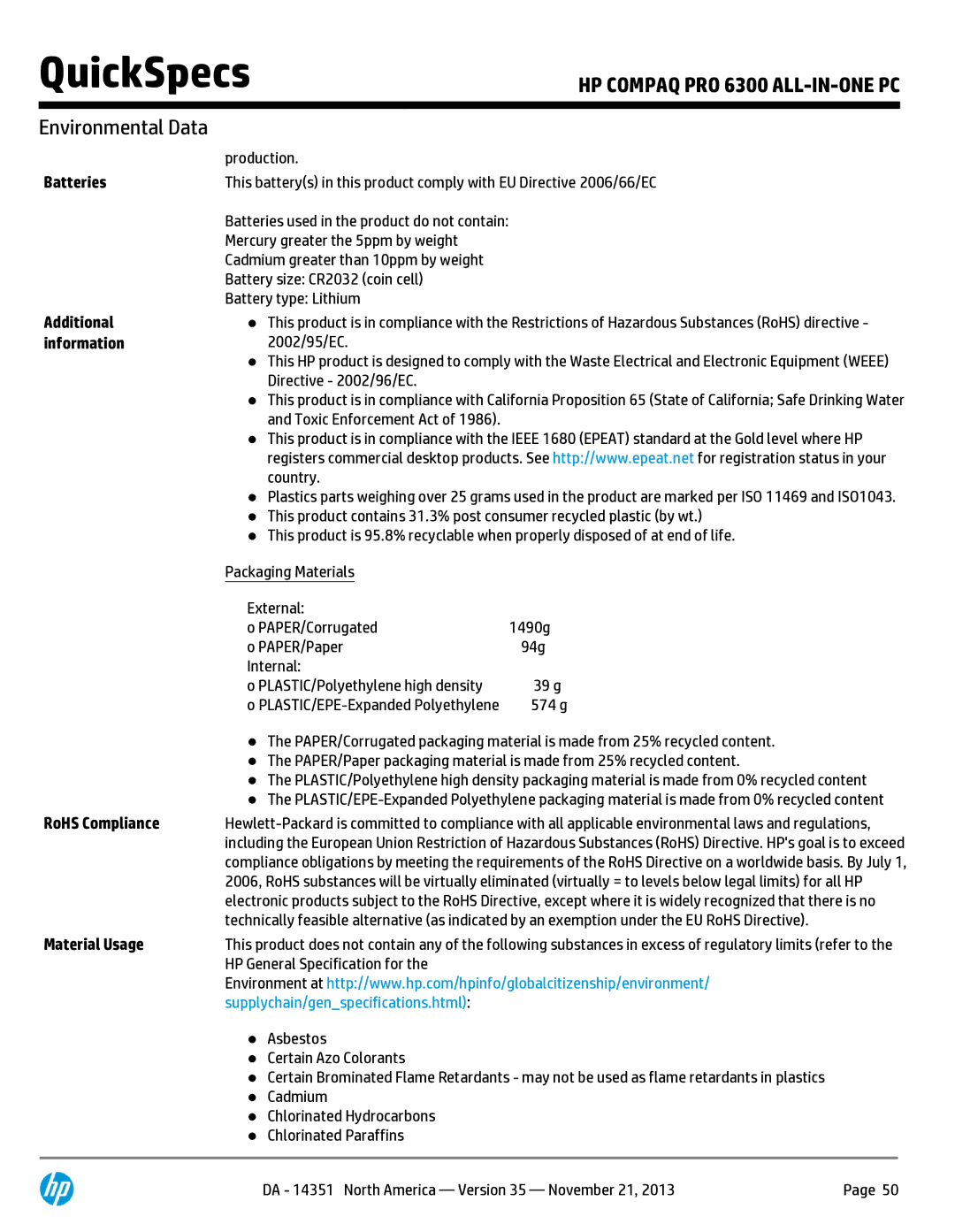 HP Pro B9C31AW#ABA manual Batteries, Additional, Information, RoHS Compliance, Material Usage 