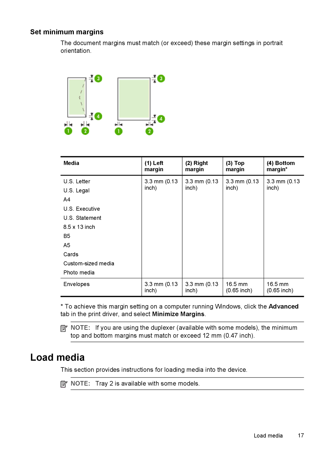 HP Pro K5400, K5300 manual Load media, Set minimum margins, Media Left Right Top Bottom Margin 