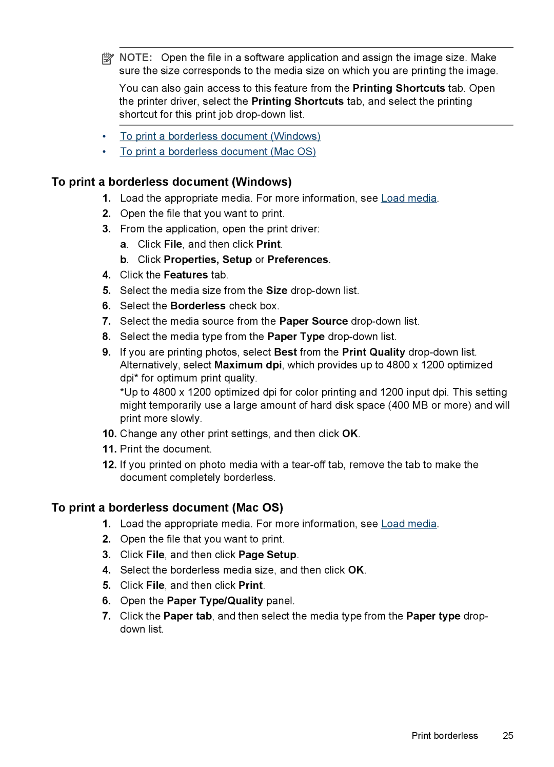 HP K5300 To print a borderless document Windows, To print a borderless document Mac OS, Open the Paper Type/Quality panel 