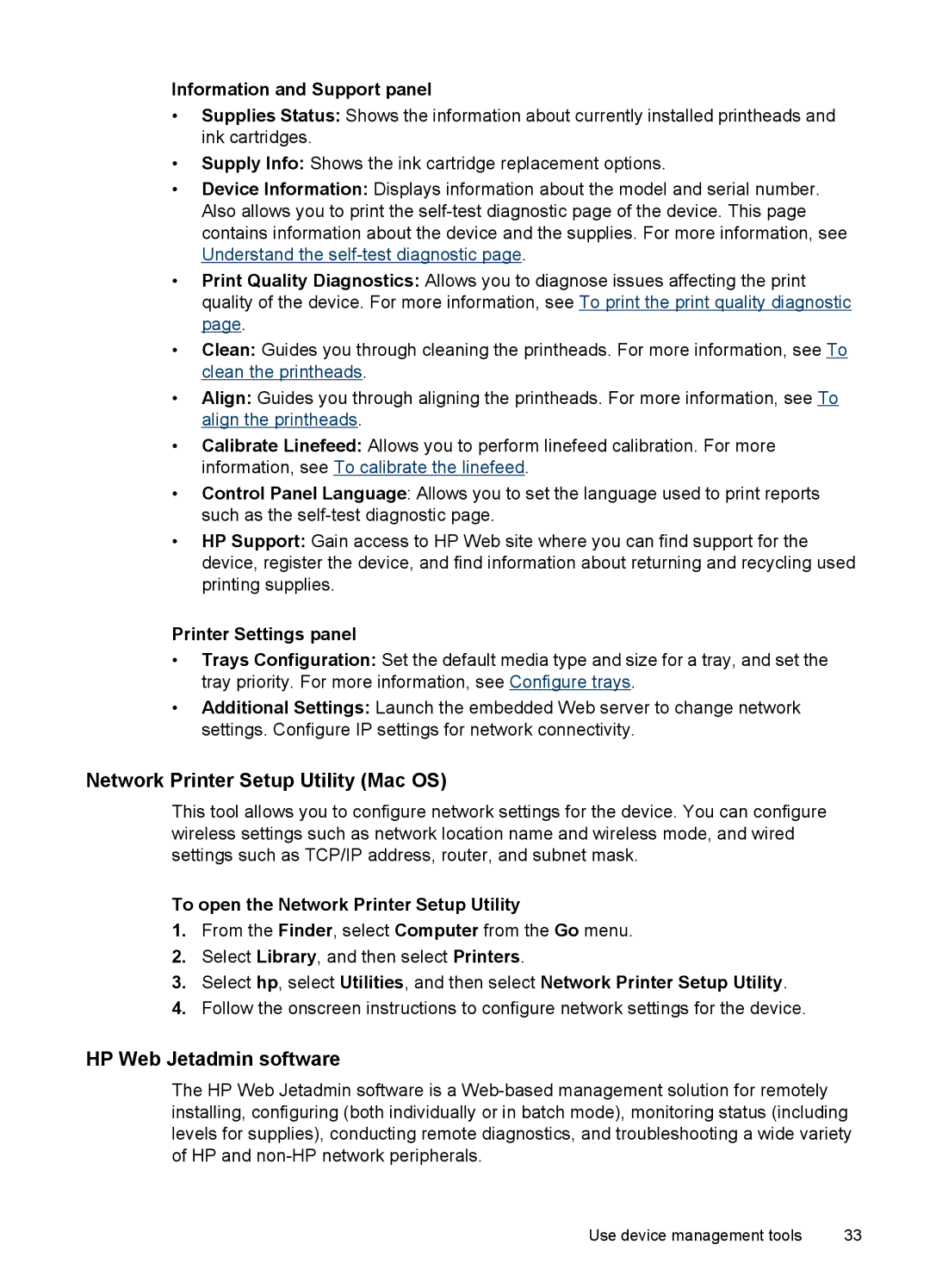 HP Pro K5400, K5300 manual Network Printer Setup Utility Mac OS, HP Web Jetadmin software, Information and Support panel 