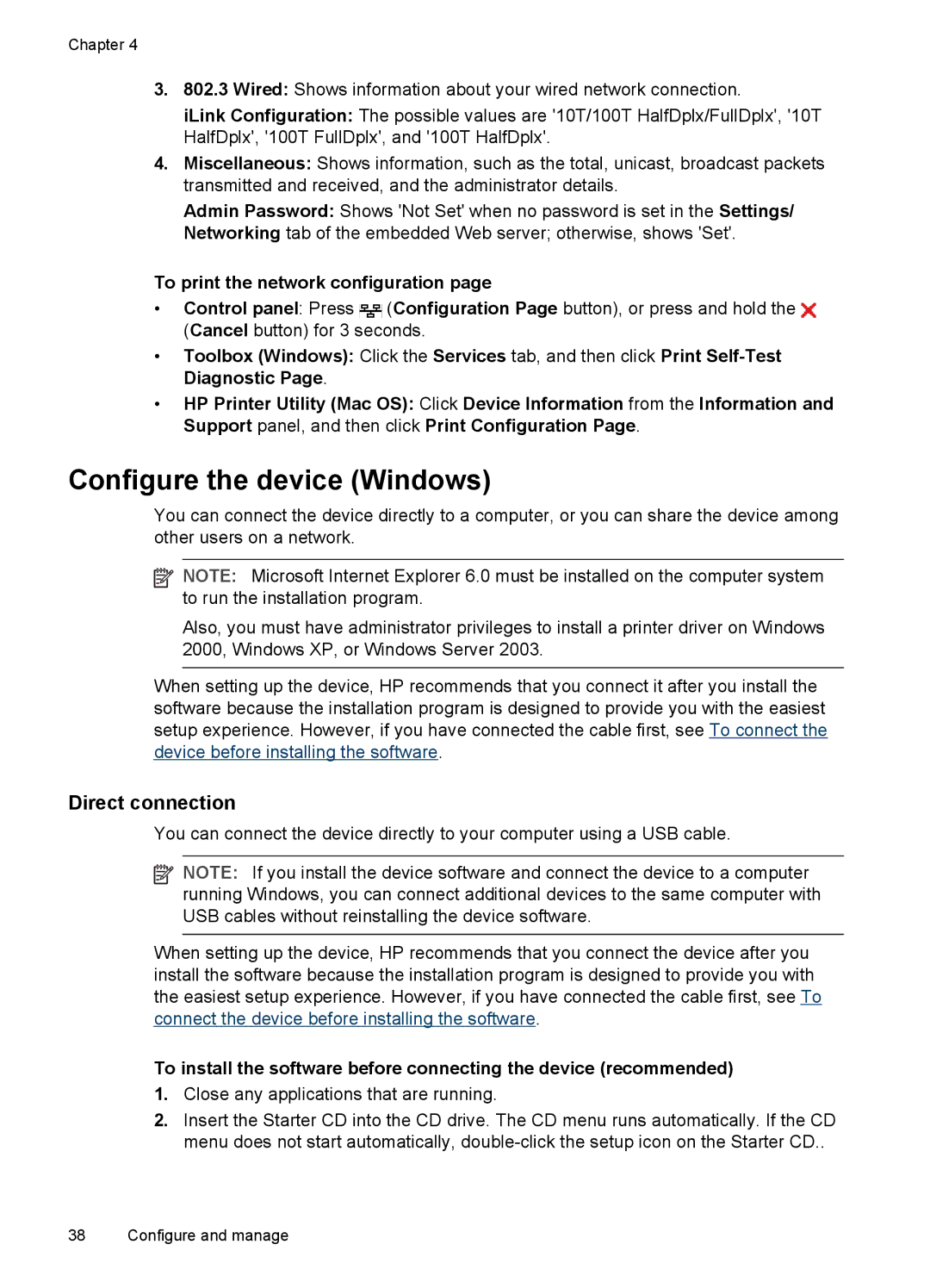 HP Pro K5400, K5300 manual Configure the device Windows, Direct connection, To print the network configuration 