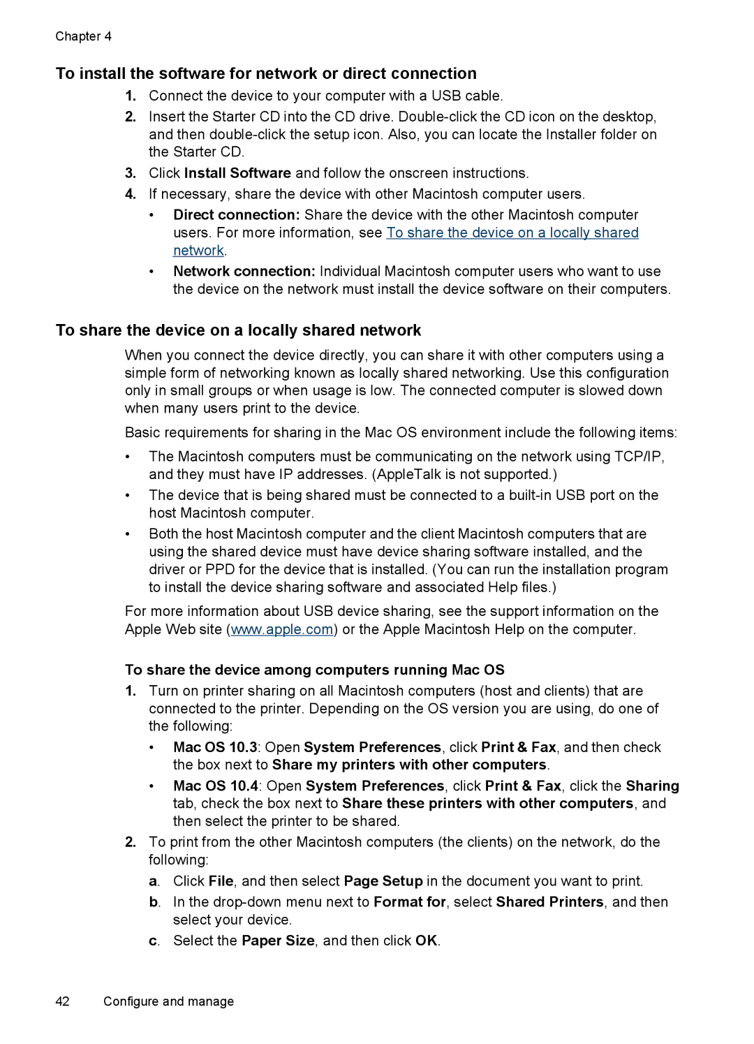 HP K5400, K5300 To install the software for network or direct connection, To share the device on a locally shared network 