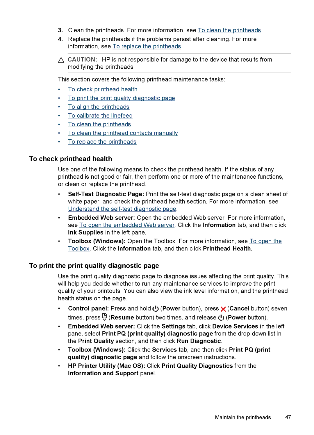 HP Pro K5400, K5300 manual To check printhead health, To print the print quality diagnostic 