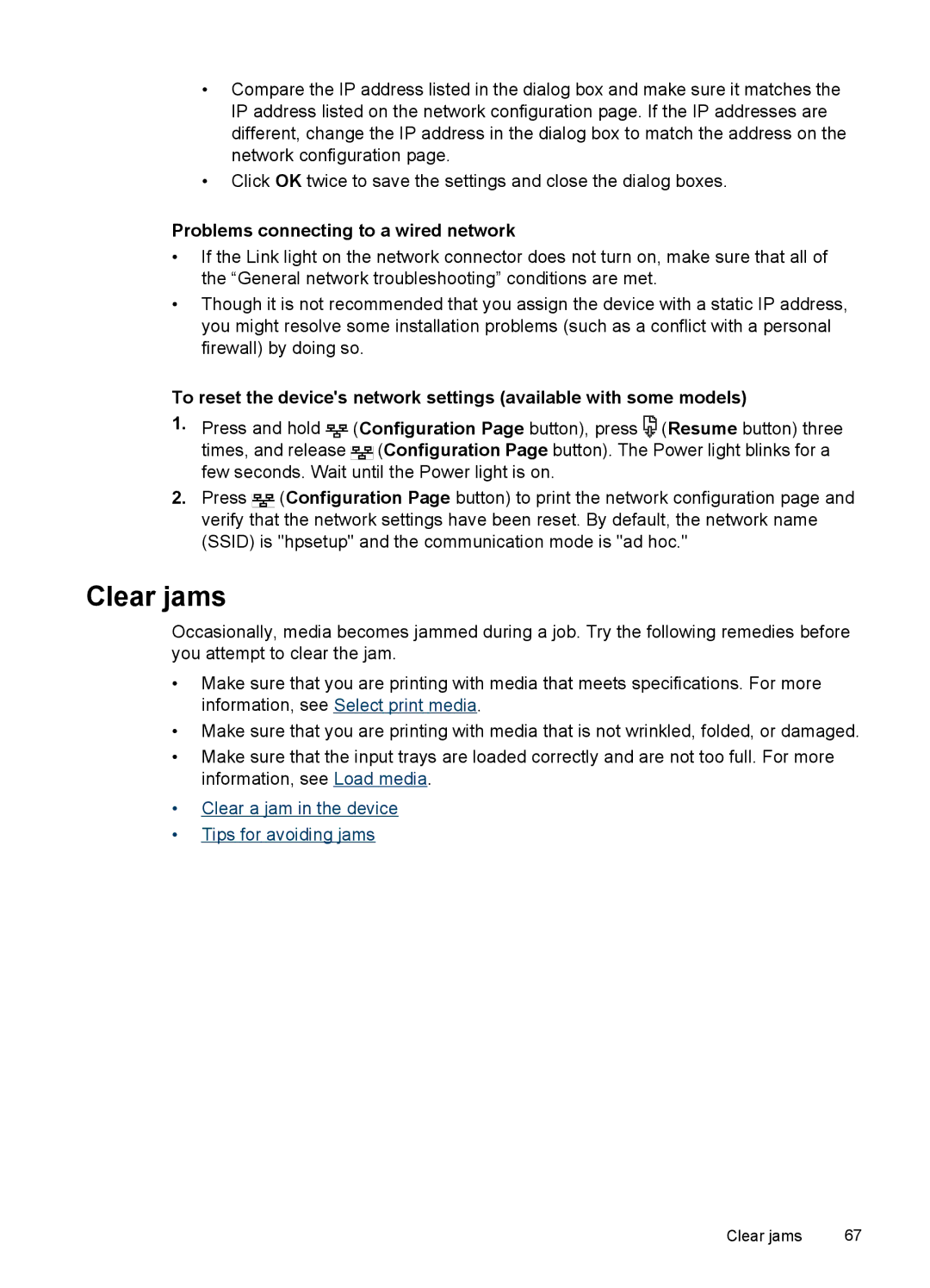 HP K5300, Pro K5400 manual Clear jams, Problems connecting to a wired network 