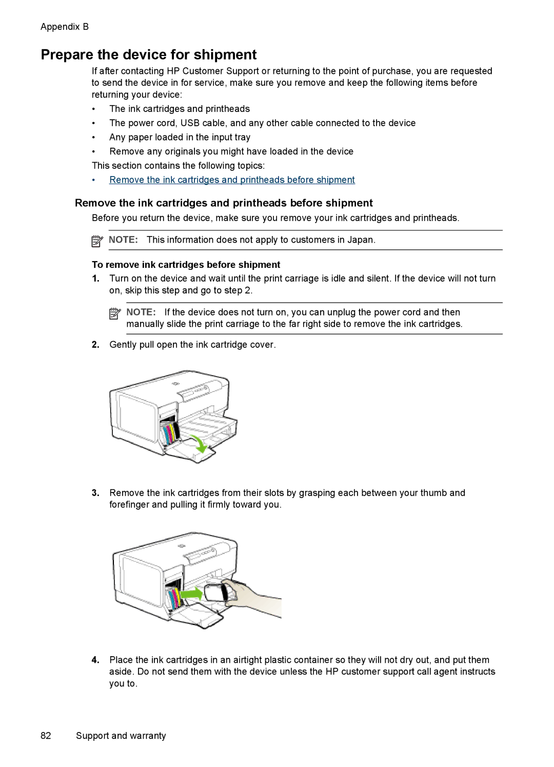 HP K5300, Pro K5400 manual Prepare the device for shipment, Remove the ink cartridges and printheads before shipment 