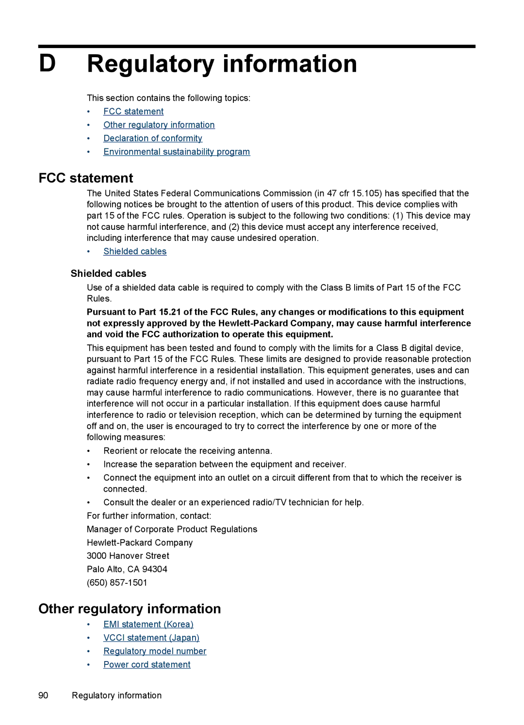 HP Pro K5400, K5300 manual Regulatory information, FCC statement, Other regulatory information, Shielded cables 