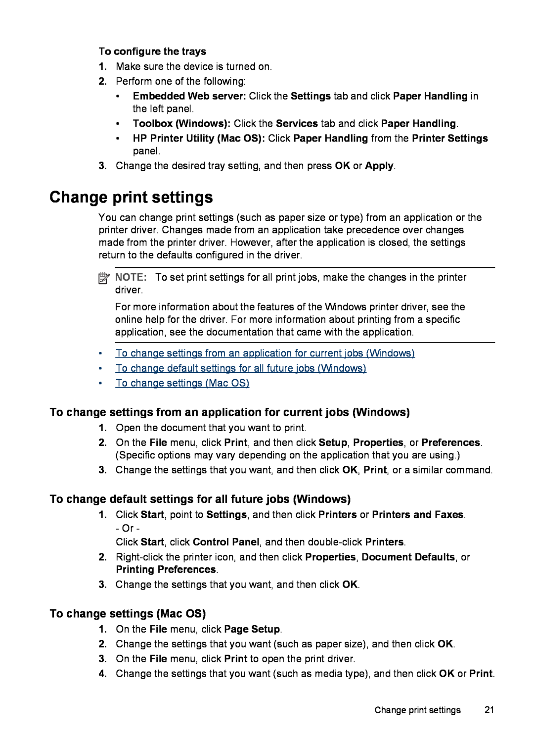 HP K5400 Change print settings, To change settings from an application for current jobs Windows, To change settings Mac OS 