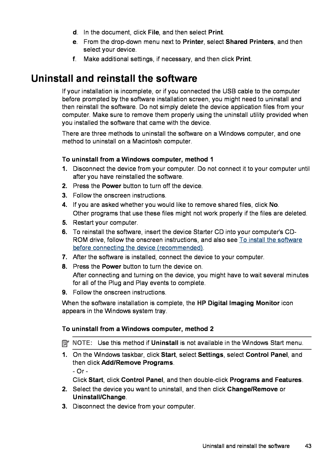 HP K5300, Pro K5400 manual Uninstall and reinstall the software, To uninstall from a Windows computer, method 