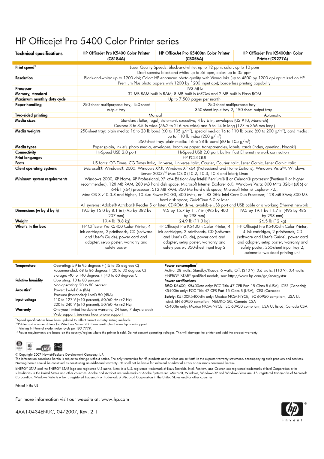 HP Pro K5400dtn, Pro K5400tn manual HP Officejet Pro 5400 Color Printer series, Technical specifications 