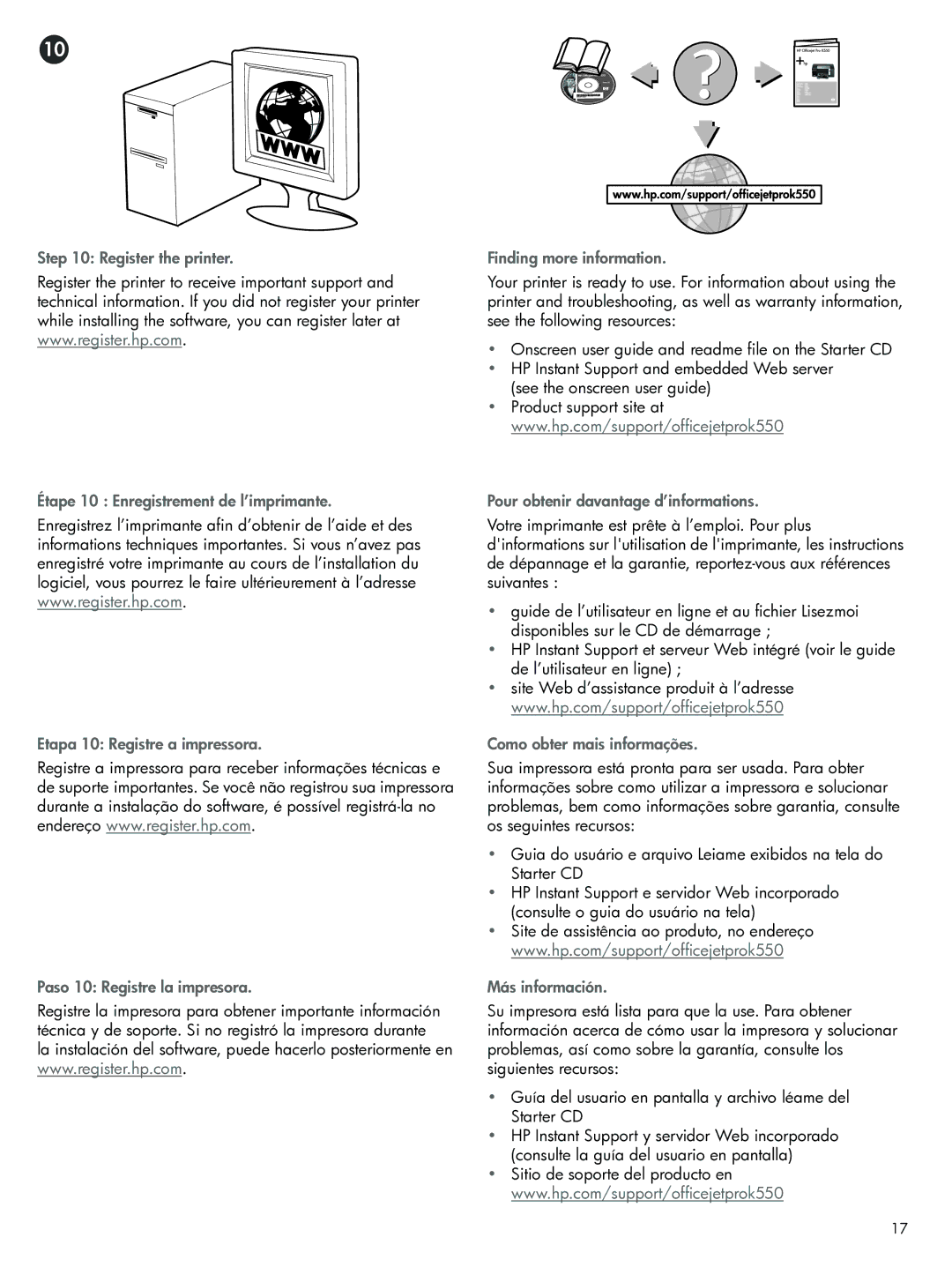 HP Pro K550 manual Register the printer Finding more information, Pour obtenir davantage d’informations, Más información 