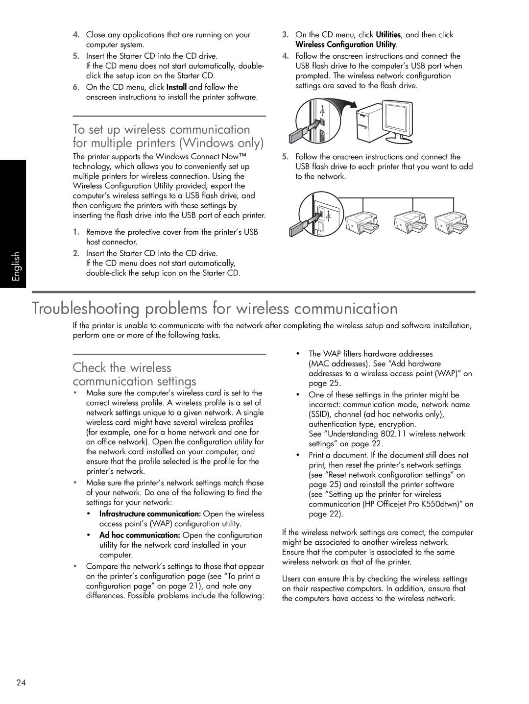 HP Pro K550 manual Troubleshooting problems for wireless communication, Check the wireless communication settings 