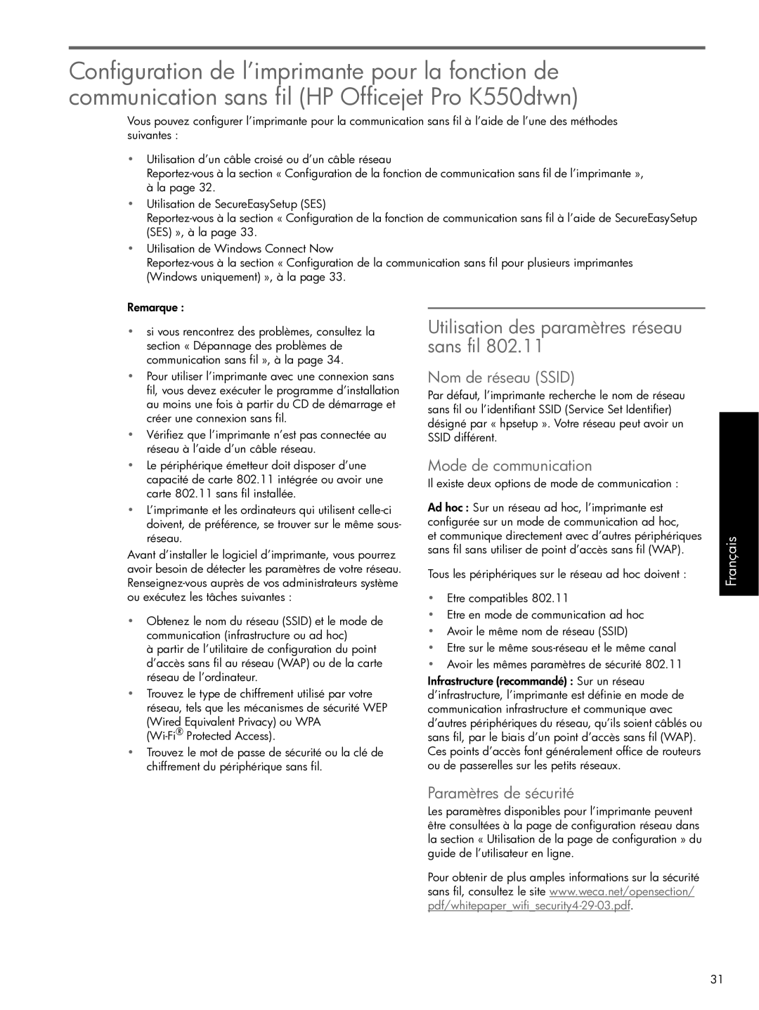 HP Pro K550 Utilisation des paramètres réseau sans fil, Nom de réseau Ssid, Mode de communication, Paramètres de sécurité 