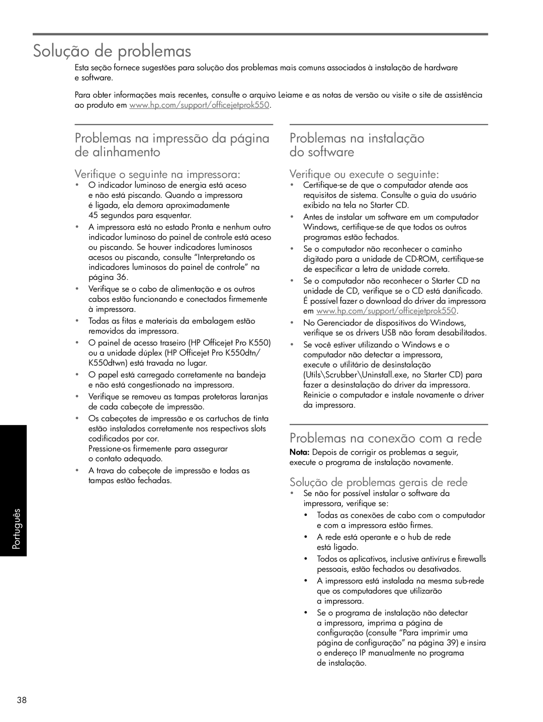 HP Pro K550 Solução de problemas, Problemas na impressão da página de alinhamento, Problemas na instalação do software 