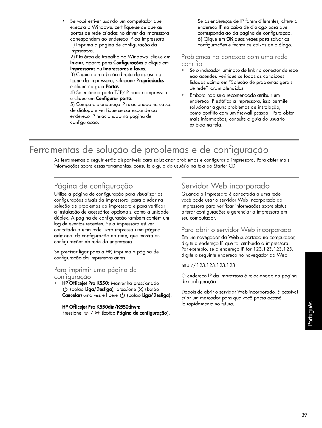 HP Pro K550 manual Ferramentas de solução de problemas e de configuração, Página de configuração, Servidor Web incorporado 