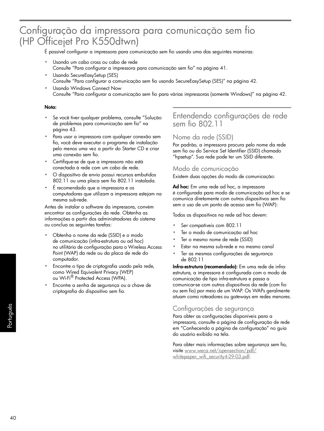 HP Pro K550 Entendendo configurações de rede sem fio, Nome da rede Ssid, Modo de comunicação, Configurações de segurança 