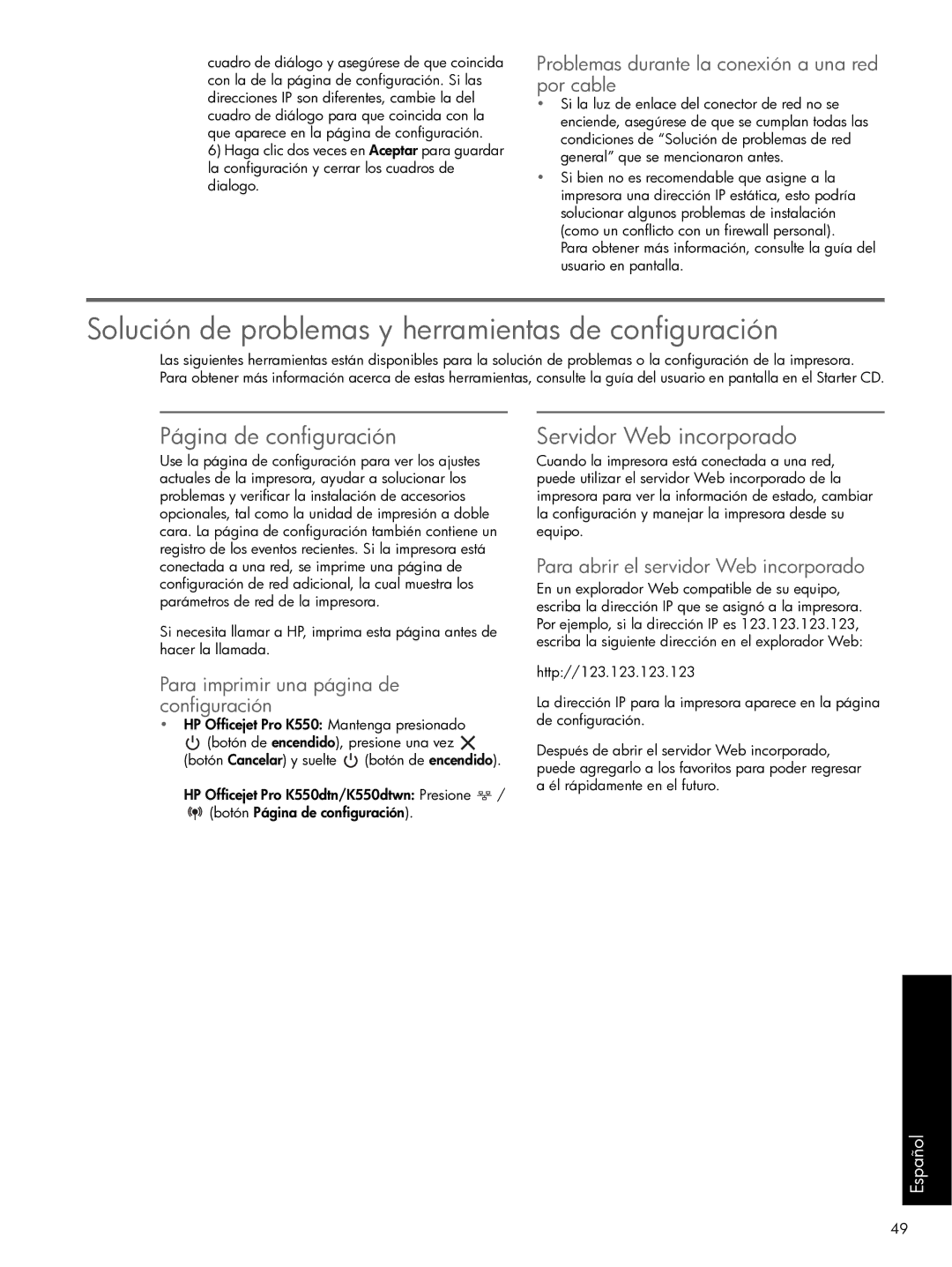 HP Pro K550 manual Solución de problemas y herramientas de configuración, Página de configuración 