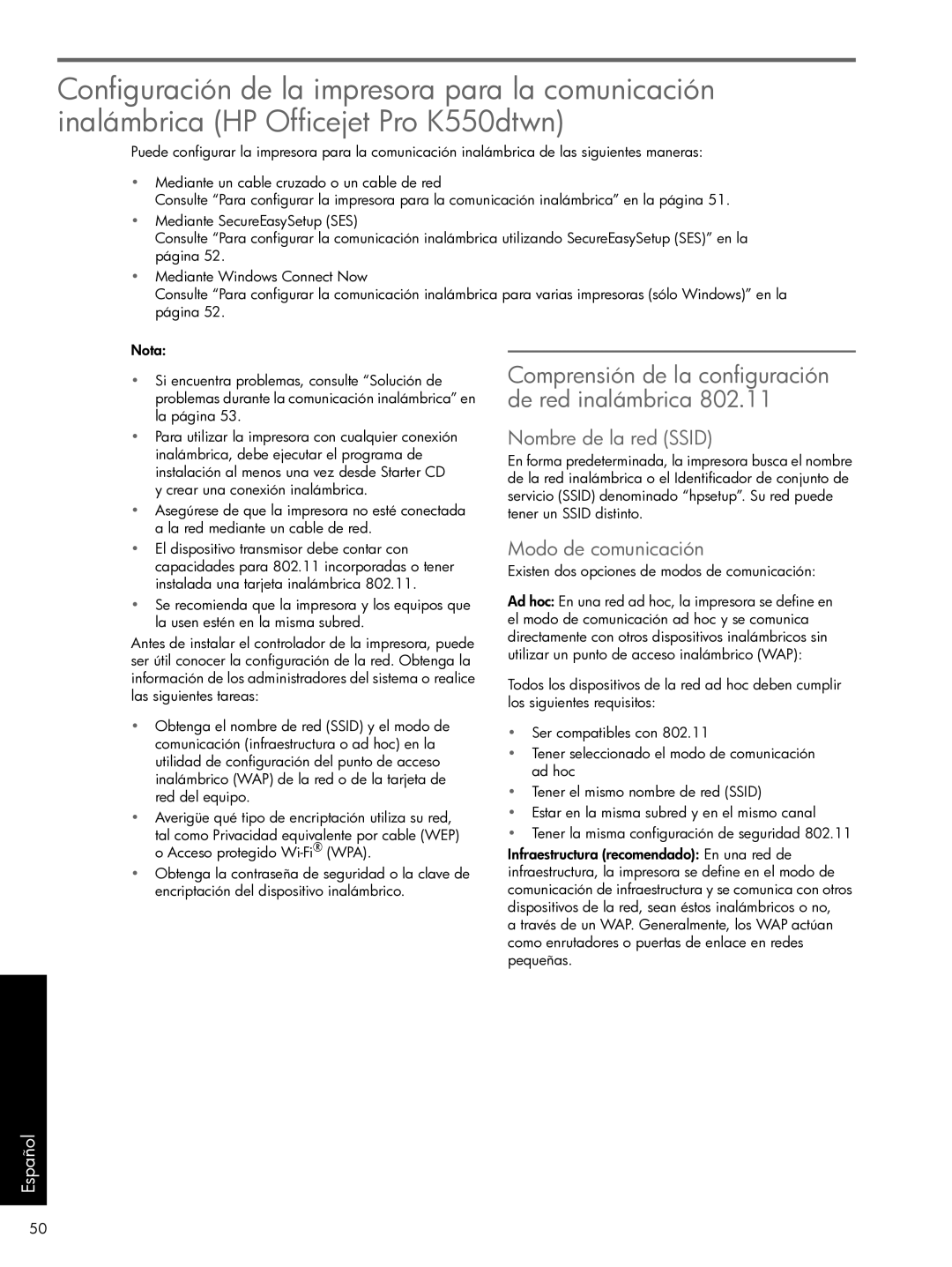 HP Pro K550 manual Nombre de la red Ssid, Modo de comunicación, Existen dos opciones de modos de comunicación 