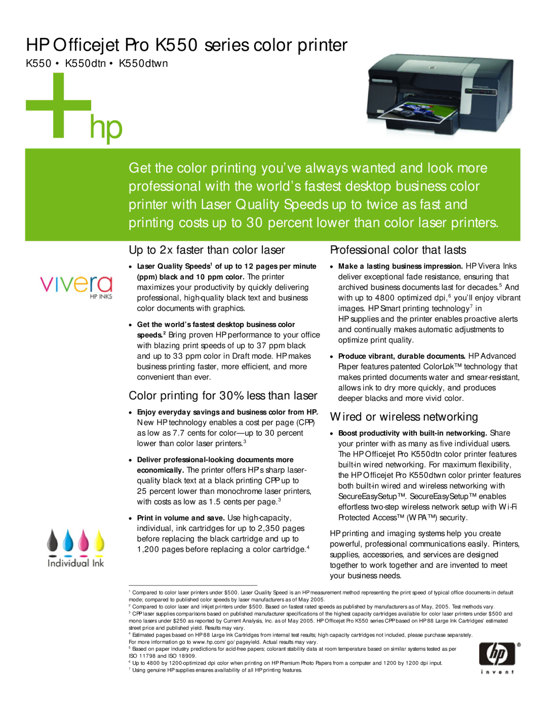 HP Pro K550dtn, Pro K550dtwn manual Up to 2x faster than color laser, Color printing for 30% less than laser 