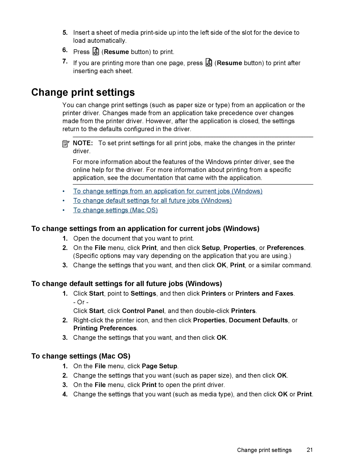 HP Pro K8600 Change print settings, To change default settings for all future jobs Windows, To change settings Mac OS 