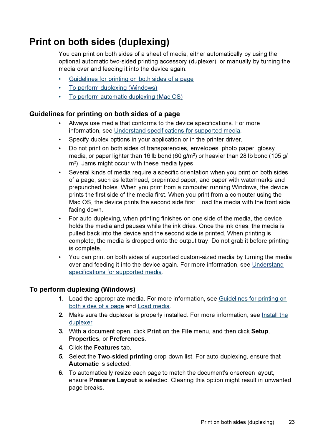 HP Pro K8600 manual Print on both sides duplexing, Guidelines for printing on both sides of a, To perform duplexing Windows 